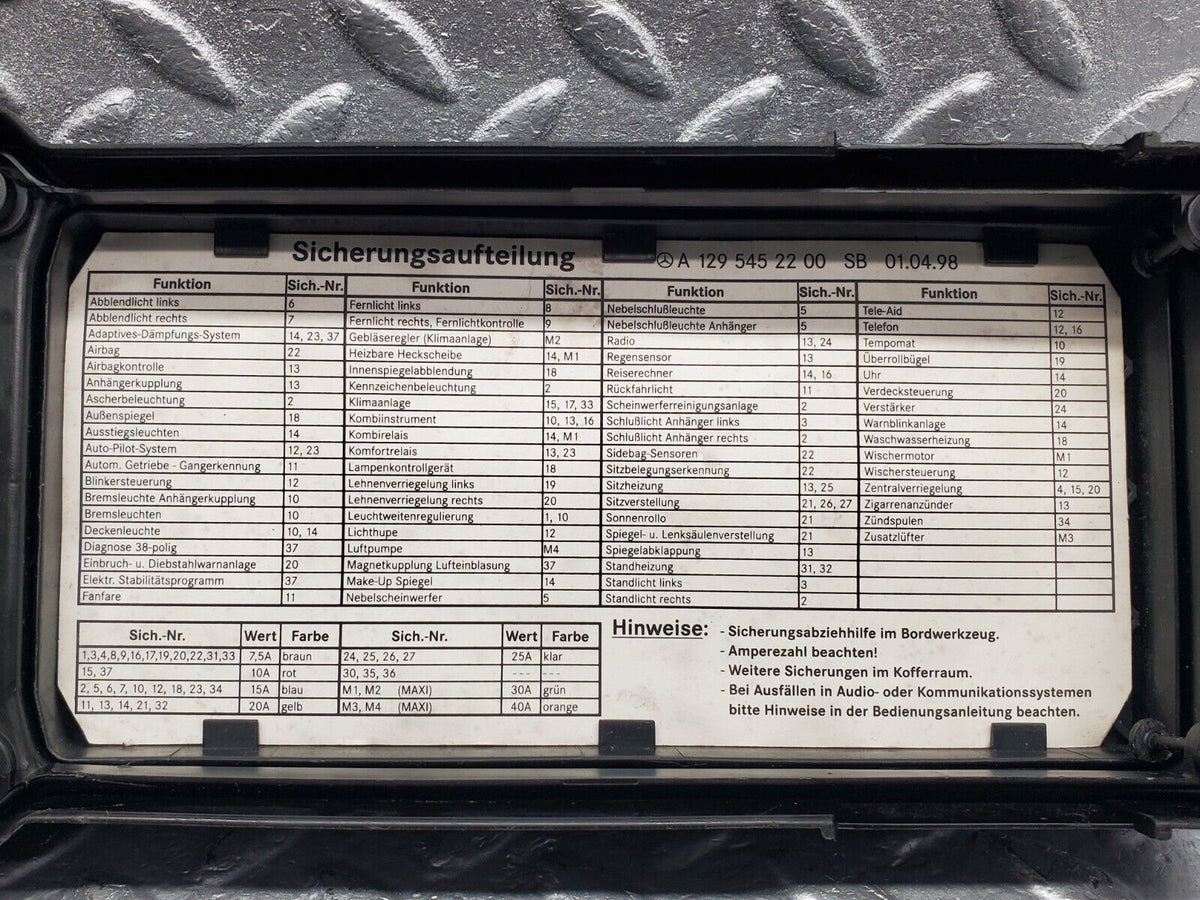 47164 Mercedes-Benz R129 320SL Coupe Fuse Box Housing A1295401105 A1295450747 A1295450403 A1295452200